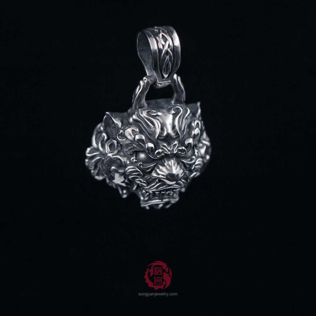 Chinese Guardian Lion Silver Pendant