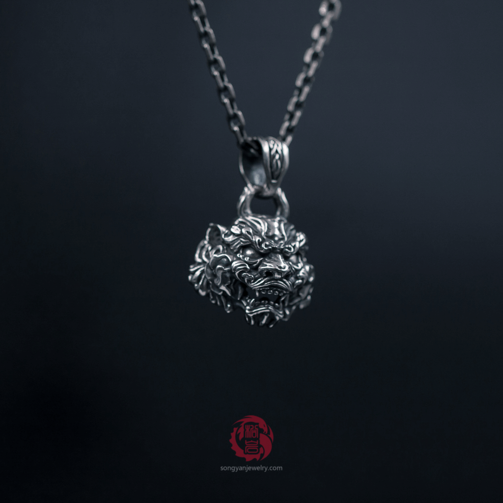 Chinese Guardian Lion Silver Pendant