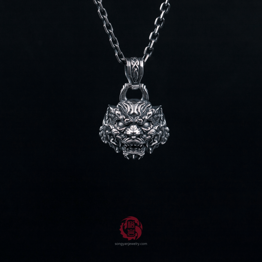Chinese Guardian Lion Silver Pendant