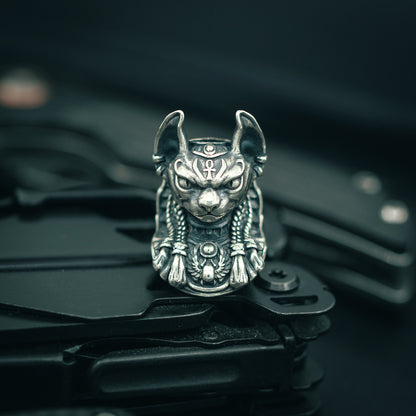 Silver Handcrafted Bastet Egyptian Goddess paracord bead, symbolizing protection and power. Perfect for EDC gear, tactical lanyards, and survival accessories.