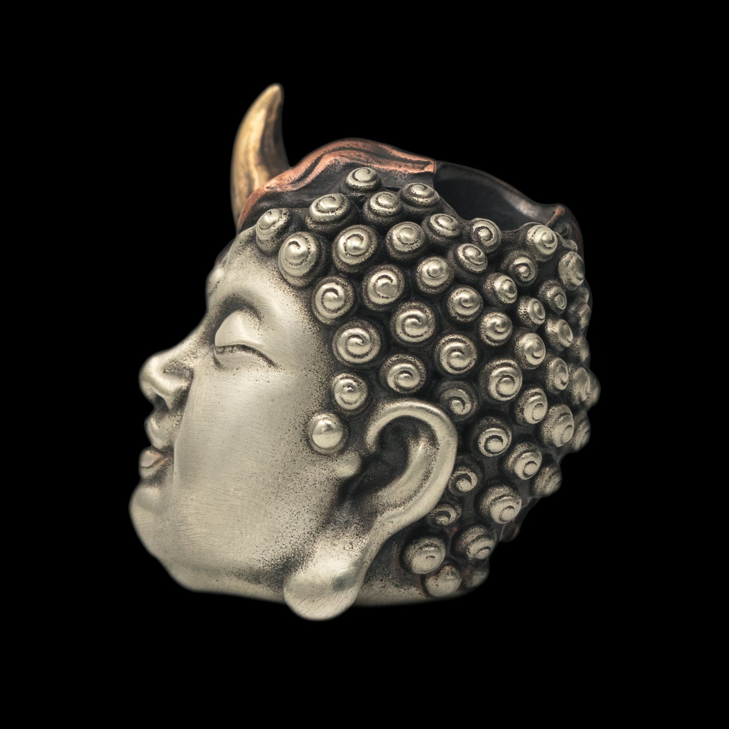 Buddha or Devil Paracord Bead three different metals edc left side — copper, brass, and white brass — fused together into a singe