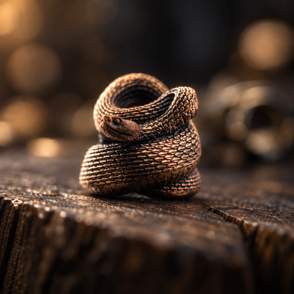 Antique copper rattlesnake paracord bead with a coiled body, detailed scales and dark hand-oxidized recessed areas.