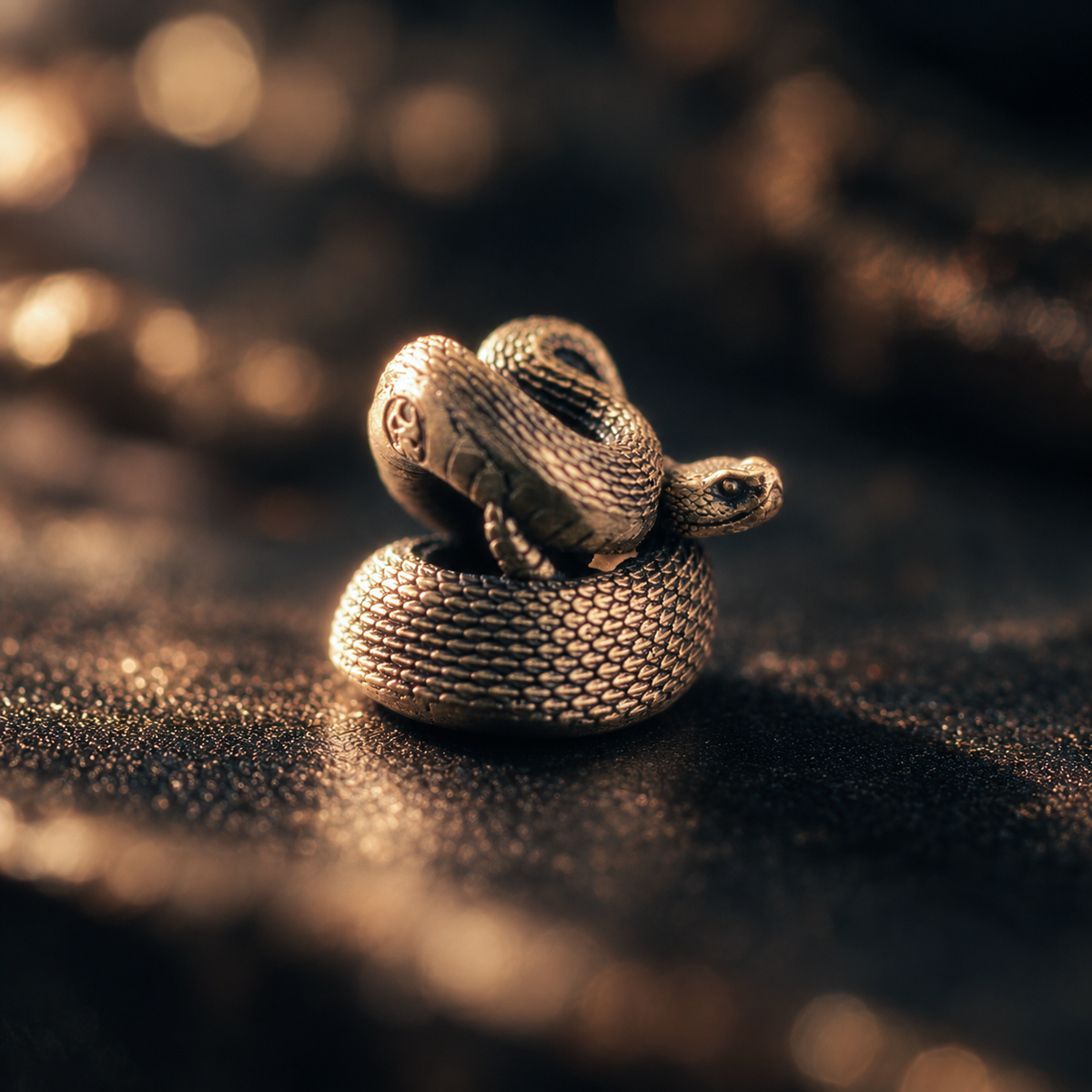 Side view of a brass Rattlesnake paracord bead showing the sculpted snake head, curved body and detailed scale texture.