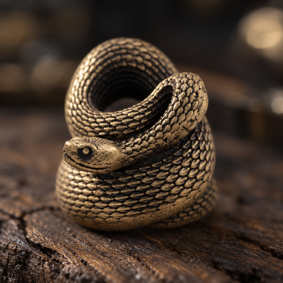 Hand-finished brass snake EDC bead with detailed rattlesnake scales, sculpted head and naturally aged metal patina.