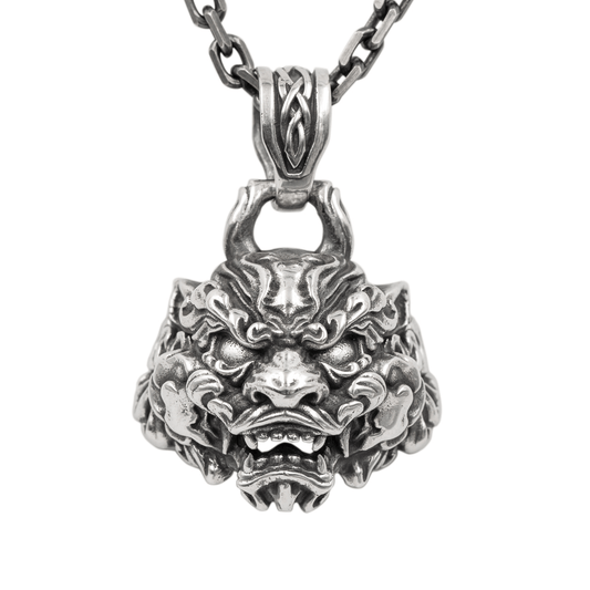 Chinese Guardian Lion Silver Pendant