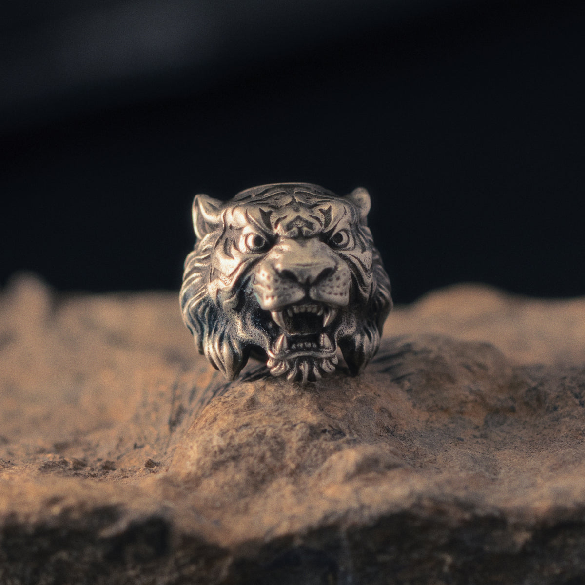 White brass Wild Tiger EDC bead with an oxidized finish, open tiger jaws, carved stripes and detailed facial sculpture.